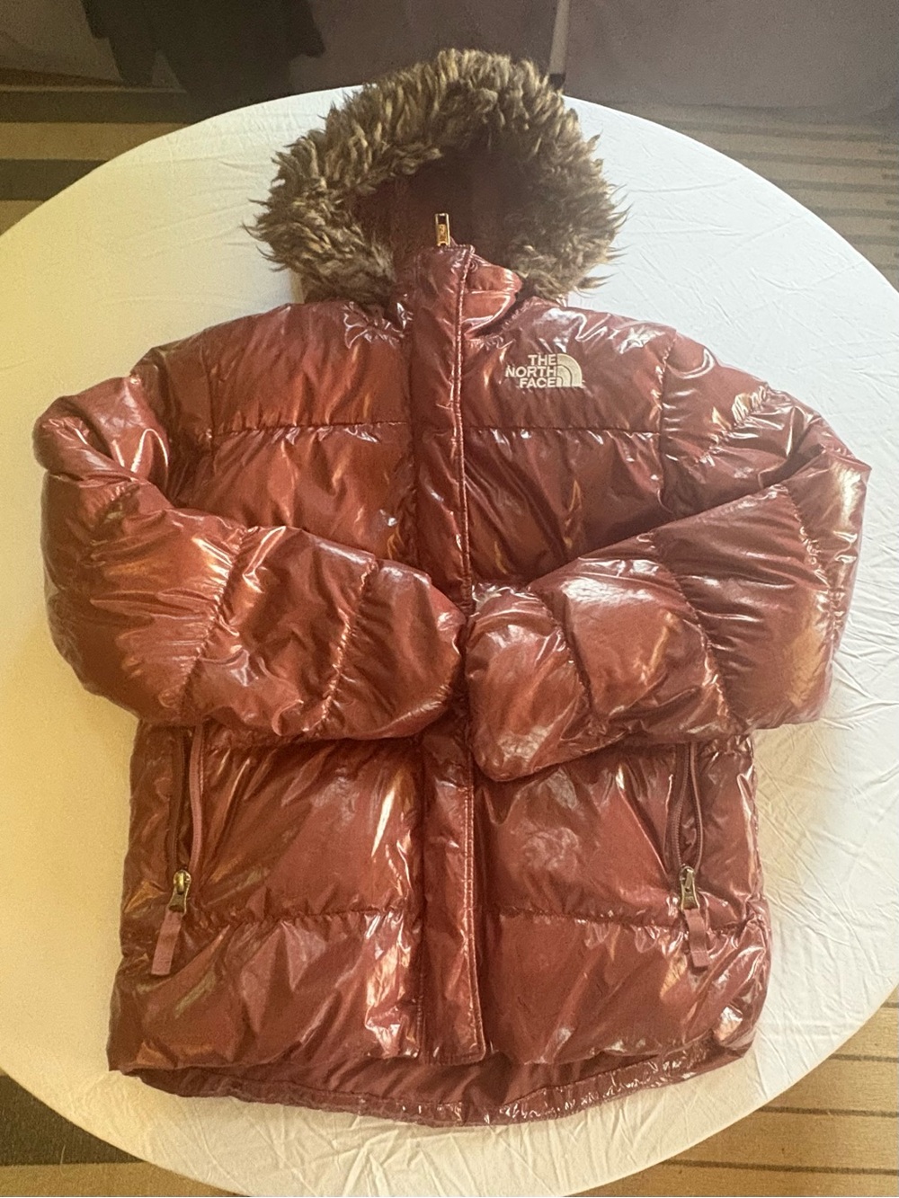 The North Face Girls Shiny Burgundy Puffer with Faux-Fur Trimmed Hood